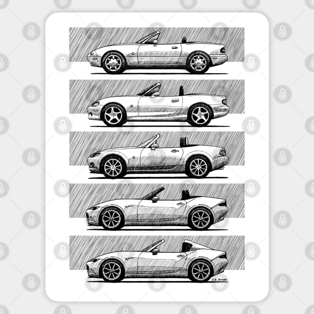 My drawings of of all generations of the Japanese roadster car Sticker by jaagdesign